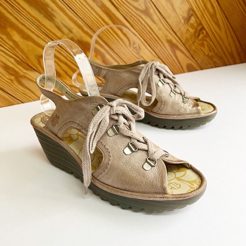 Fly London Metallic Lace Up Wedge Sandals